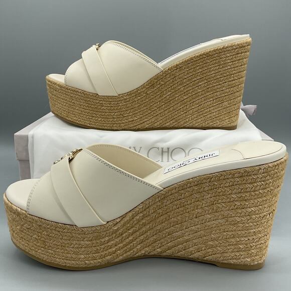 NEW Jimmy Choo Women’s Leda Leather Espadrille Wedges Latte/Gold Size 10 - Picture 2 of 10